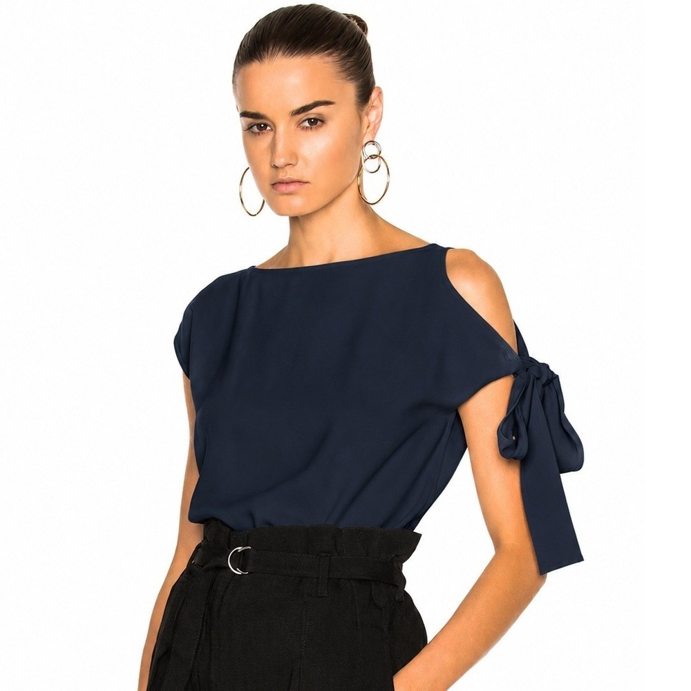 Helmut Lang Navy Sleeve Tie Top Blouse Short Sleeve Cut Out Size Small